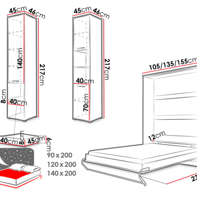 Sklápacia posteľ so skrinkami 90x200 CELENA 3 - biela / lesklá biela