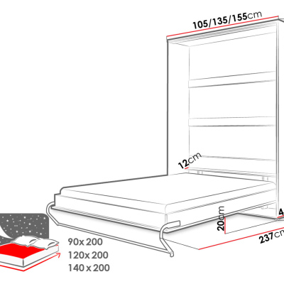Vertikálna sklápacia manželská posteľ 140x200 CELENA 1 - lesklá biela