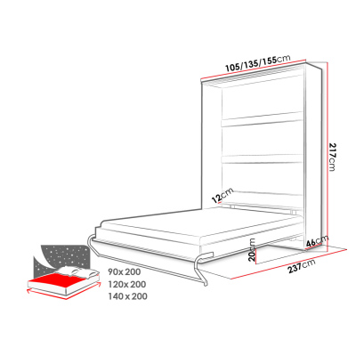 Vertikálna sklápacia posteľ 90x200 CELENA 1 - biela / lesklá biela