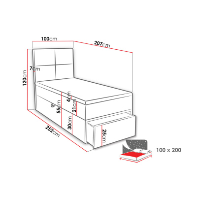 Jednolôžková boxpringová posteľ 100x200 LUGAU - šedá, pravé prevedenie