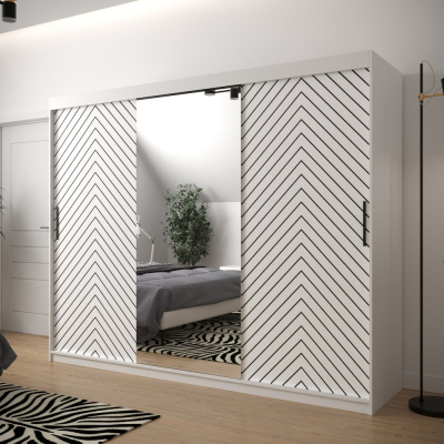 Skriňa s grafikou a zrkadlom JANETTE 3 - šírka 250 cm, biela