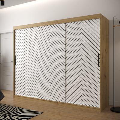 Šatníková skriňa s grafikou JANETTE 2 - šírka 250 cm, dub artisan / biela