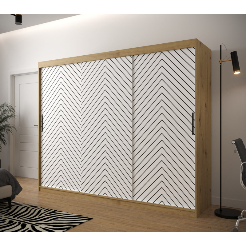 Šatníková skriňa s grafikou JANETTE 2 - šírka 250 cm, dub artisan / biela