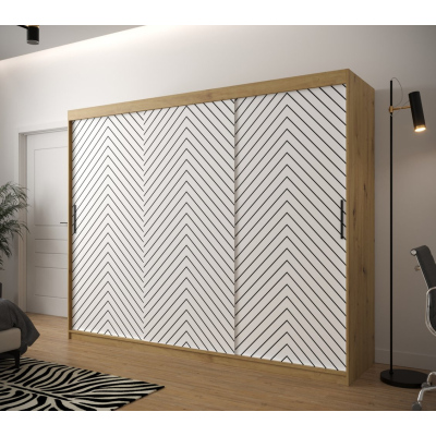 Šatníková skriňa s grafikou JANETTE 2 - šírka 250 cm, dub artisan / biela