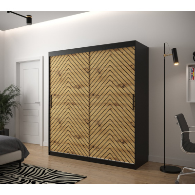 Šatníková skriňa s grafikou JANETTE 2 - šírka 180 cm, čierna / dub artisan