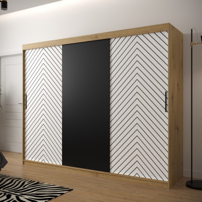 Šatníková skriňa s grafikou JANETTE 1 - šírka 250 cm, dub artisan / biela / čierna