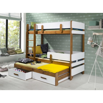 Detská poschodová posteľ so zábranou 90x200 HALVER 2 - biela / dub, pravé prevedenie