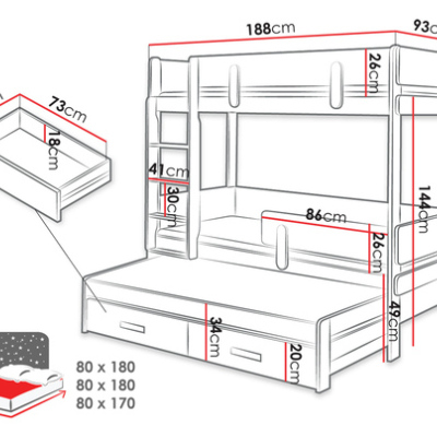 Detská poschodová posteľ so zábranou 80x180 HALVER 2 - biela / dub, pravé prevedenie