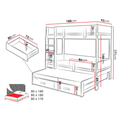 Detská poschodová posteľ so zábranou 80x180 HALVER 2 - biela / dub, pravé prevedenie
