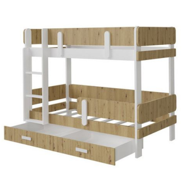 Detská poschodová posteľ so zábranou 90x200 HALVER 1 - biela / dub artisan, pravé prevedenie
