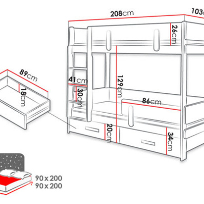 Detská poschodová posteľ so zábranou 90x200 HALVER 1 - šedá / biela, pravé prevedenie