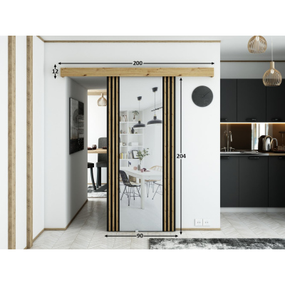 Posuvné dvere so zrkadlom MILANIA - 90 cm, dub artisan / čierne