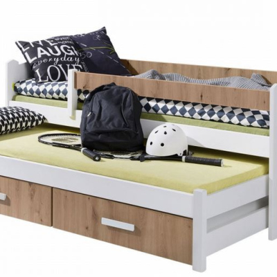 Detská posteľ s prístelkou a zábranou 90x200 WETTIN 2 - biela / dub artisan