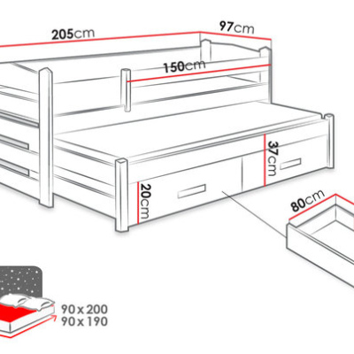 Detská posteľ s prístelkou a zábranou 90x200 WETTIN 2 - biela / dub artisan