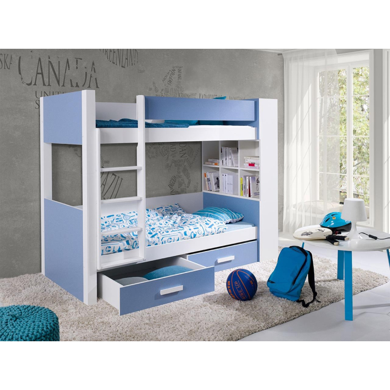 Detská poschodová posteľ so šuplíkmi 80x180 LEUN - biela / modrá, ľavé prevedenie
