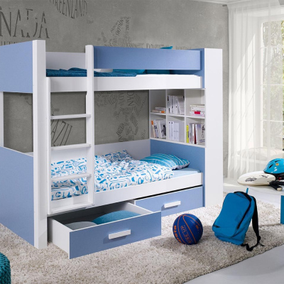 Detská poschodová posteľ so šuplíkmi 80x180 LEUN - biela / modrá, pravé prevedenie