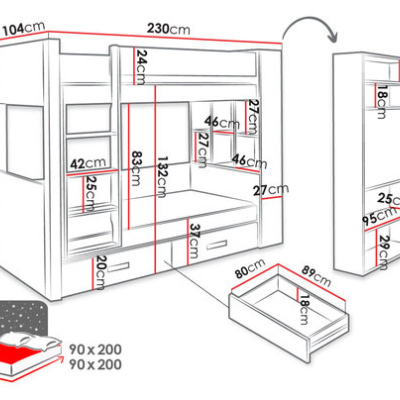 Detská poschodová posteľ so šuplíkmi 90x200 LEUN - biela / zebrano, pravé prevedenie