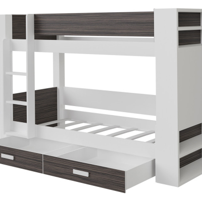 Detská poschodová posteľ so šuplíkmi 90x200 LEUN - biela / zebrano, pravé prevedenie