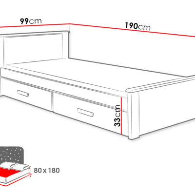 Detská posteľ s úložným priestorom 80x180 POLCH - biela / dub hľuzovka