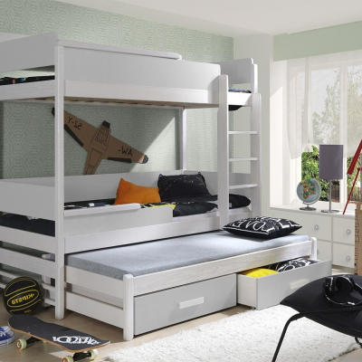 Detská poschodová posteľ pre troch 90x200 MEDEBACH - biela / dub hľuzovka, pravé prevedenie