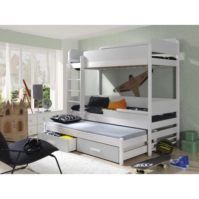 Detská poschodová posteľ pre troch 90x200 MEDEBACH - biela / šedá, ľavé prevedenie