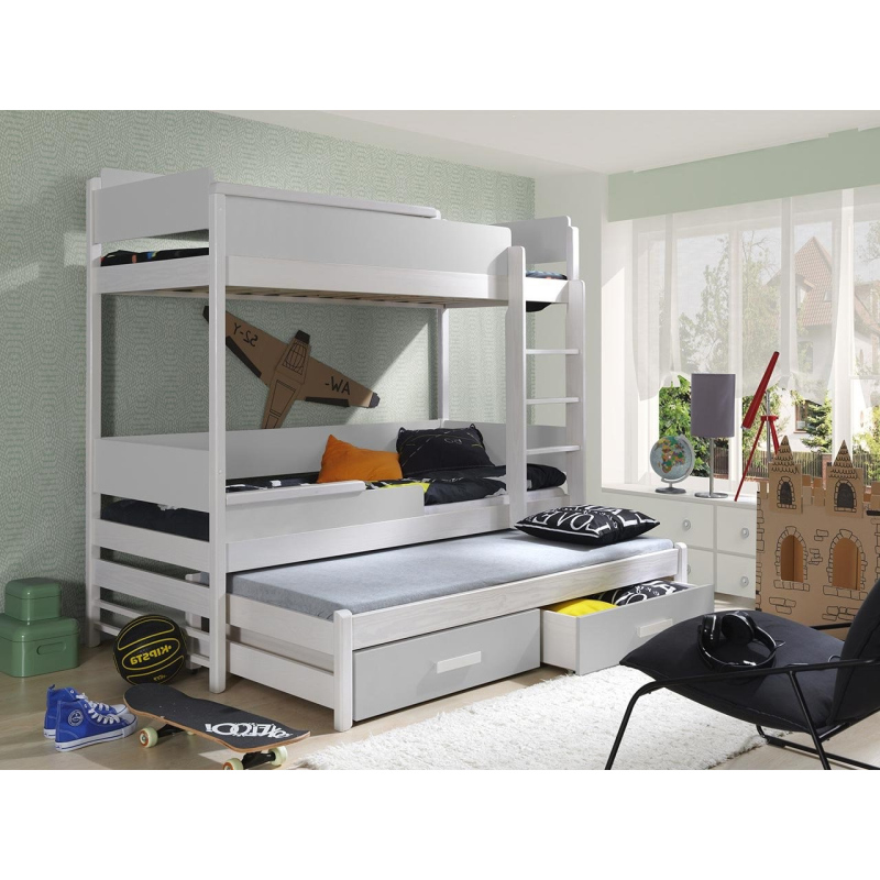 Detská poschodová posteľ pre troch 90x200 MEDEBACH - biela / šedá, pravé prevedenie