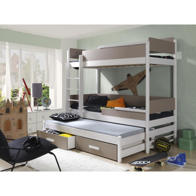 Detská poschodová posteľ pre troch 80x180 MEDEBACH - biela / dub hľuzovka, ľavé prevedenie