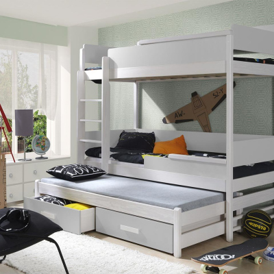 Detská poschodová posteľ pre troch 80x180 MEDEBACH - biela / šedá, ľavé prevedenie