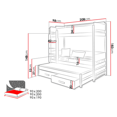 Detská poschodová posteľ pre troch 90x200 MEDEBACH - grafitová / šedá, pravé prevedenie