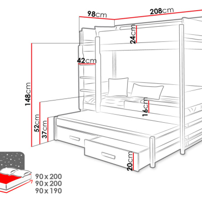 Detská poschodová posteľ pre troch 90x200 MEDEBACH - grafitová / šedá, ľavé prevedenie