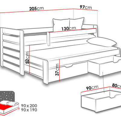 Rozkladacia detská posteľ 90x200 GERA - šedá / grafitová