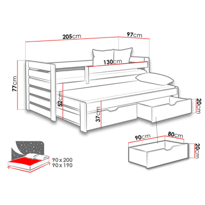 Rozkladacia detská posteľ 90x200 GERA - borovica