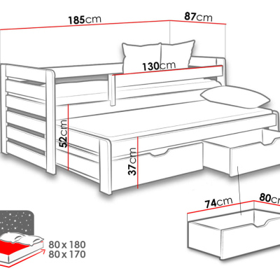 Rozkladacia detská posteľ 80x180 GERA - borovica