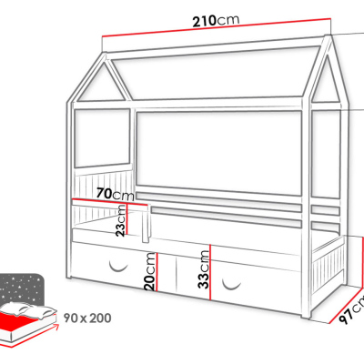 Detská posteľ domček so zábranou 90x200 NEBRA - biela