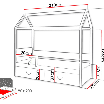 Detská posteľ domček so zábranou 90x200 SONTRA 2 - biela / grafitová