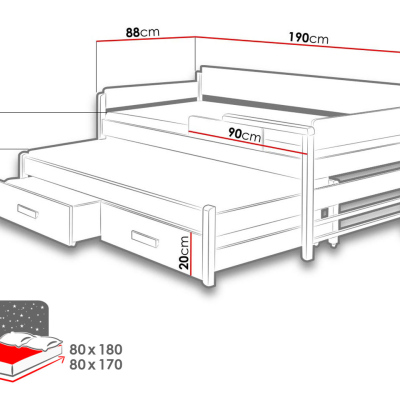 Detská posteľ s prístelkou 80x180 SELTERS - biela / zebrano