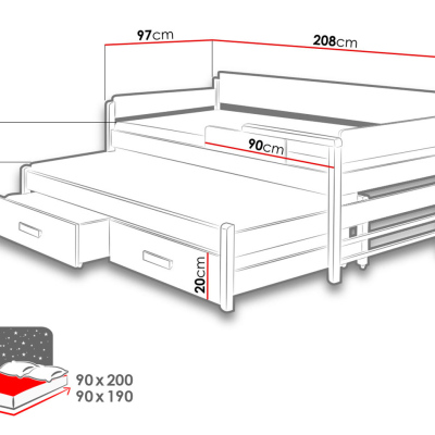 Detská posteľ s prístelkou 90x200 SELTERS - biela / zebrano