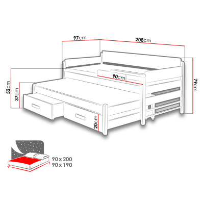 Detská posteľ s prístelkou 90x200 SELTERS - biela / zebrano