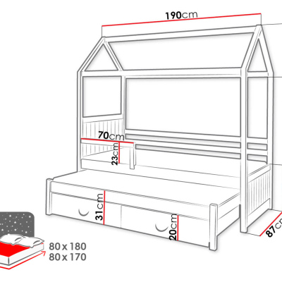 Detská posteľ domček so zábranou 80x180 KARBEN 2 - biela / šedá