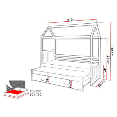 Detská posteľ domček 90x200 KARBEN 1 - biela / šedá