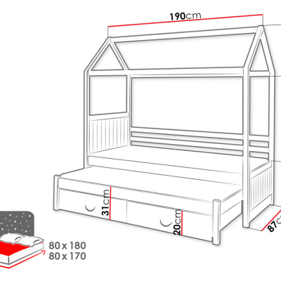 Detská posteľ domček 80x180 KARBEN 1 - biela / šedá