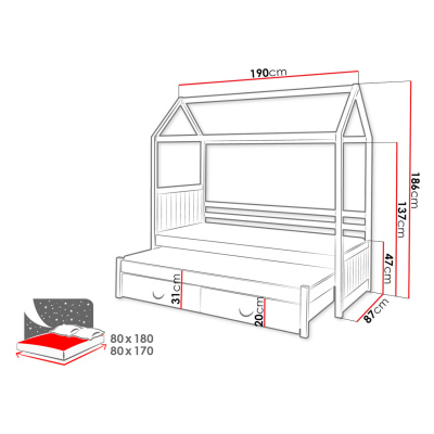 Detská posteľ domček 80x180 KARBEN 1 - biela / šedá