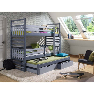 Detská poschodová posteľ s prístelkou 90x200 LOHRA - grafitová / šedá, pravé prevedenie