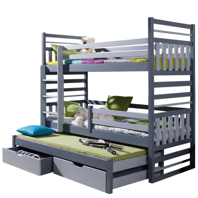 Detská poschodová posteľ s prístelkou 90x200 LOHRA - grafitová / šedá, ľavé prevedenie