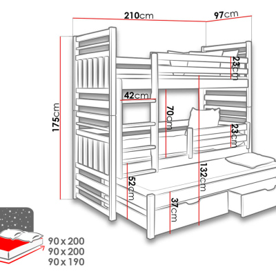 Detská poschodová posteľ s prístelkou 90x200 LOHRA - wenge / cappuccino, pravé prevedenie