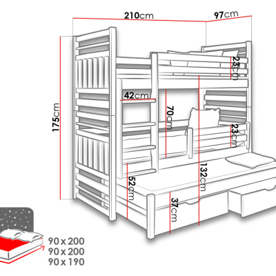 Detská poschodová posteľ s prístelkou 90x200 LOHRA - wenge / cappuccino, ľavé prevedenie