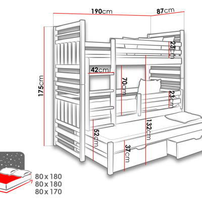 Detská poschodová posteľ s prístelkou 80x180 LOHRA - grafitová / šedá, pravé prevedenie