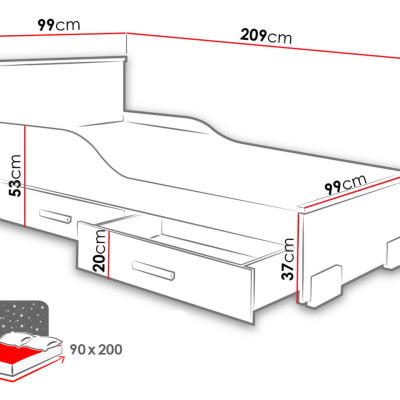 Detská posteľ s úložným priestorom 90x200 LORCH - biela / buk