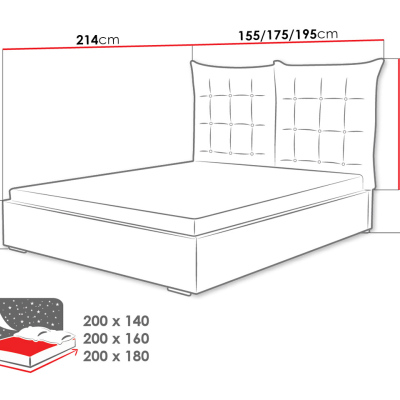 Čalúnená posteľ s vysokým čelom a úložným priestorom 180x200 DASSOW - tmavá šedá