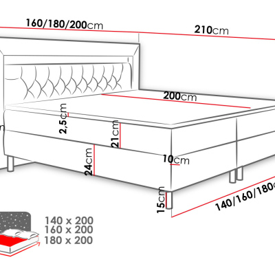 Boxpsringová posteľ s LED osvetlením 180x200 DELBIN - šedá + topper ZDARMA